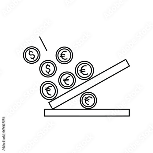 Financial Downturn: Line art illustrating coins cascading from a precarious wooden plank, symbolizing the instability of the financial world.
