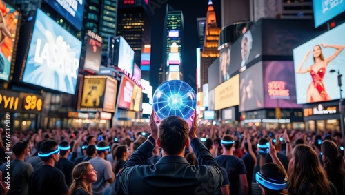 Crowd watches glowing new year s eve ball drop in times square at night