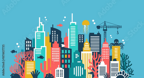 Stylized Underwater Cityscape with Colorful Buildings, Marine Life, and Construction Crane