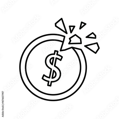 Cracked Dollar: A visual representation of financial challenges, a dollar sign coin is fractured, suggesting economic distress, financial crisis, or loss.