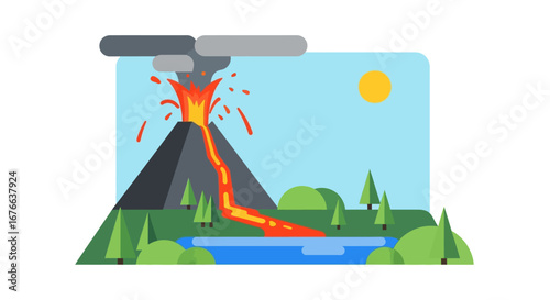 Stylized volcano erupting with lava flowing into a lake under a sunny sky
