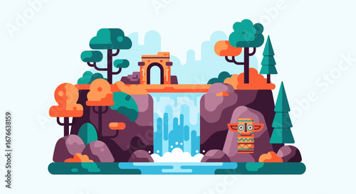 Stylized Waterfall Landscape with Ancient Ruins and Totem Pole