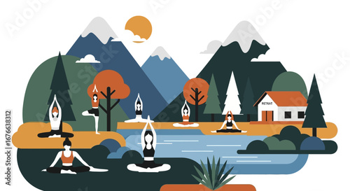 Stylized Yoga Retreat Scene with Mountainous Landscape and Peaceful Poses