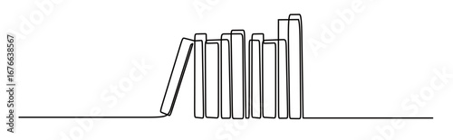 Continuous line art of a stack of books lined up on a shelf. This icon is for a sticker or banner in a library. Vector illustration.