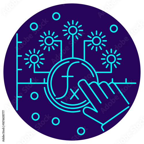 Activation function vector icon. Depicts a mathematical function symbol f(x) connected to circuit nodes with glowing outputs, adjusted by a human hand. Blue thin line style on dark circular background