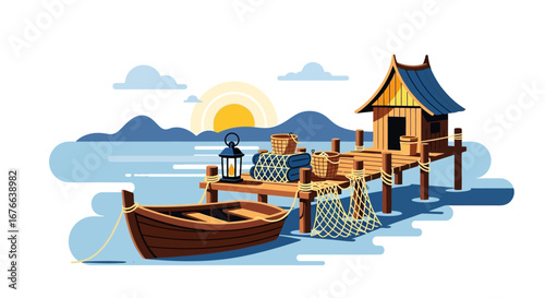 Tranquil Lakeside Scene with Wooden Boat, Dock, and Traditional Hut at Sunrise