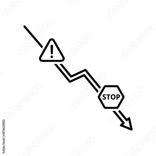 Warning Sign of Risk: A stark, minimalistic graphic warns of danger and decline with a jagged downward line, an exclamation point, and a stop sign indicating the need for caution.