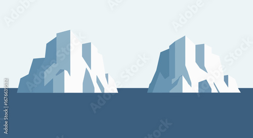 Two angular icebergs floating in a dark blue sea, minimalist vector illustration