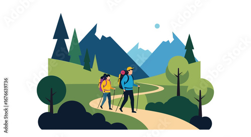 Two Hikers Trekking Through a Scenic Mountain Landscape with Backpacks