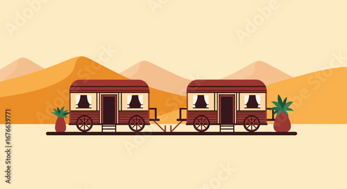 Two vintage wooden wagons with maroon roofs and potted plants in a desert landscape