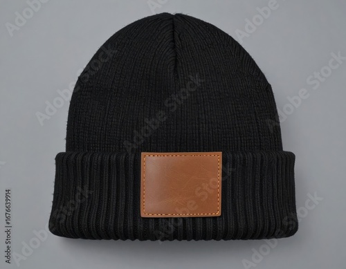 Minimalist Close Up Black Knit Beanie with Brown Leather Patch Apparel