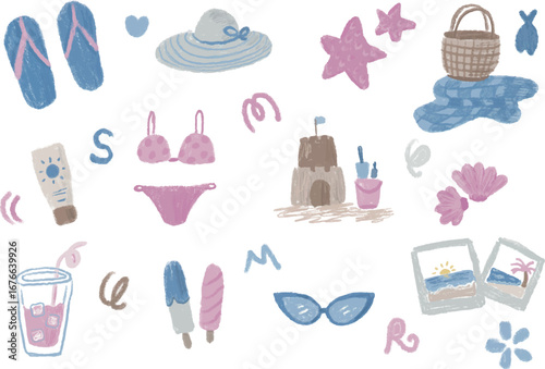 Bundle set pink blue summer beach vibes aesthetic children art illustration