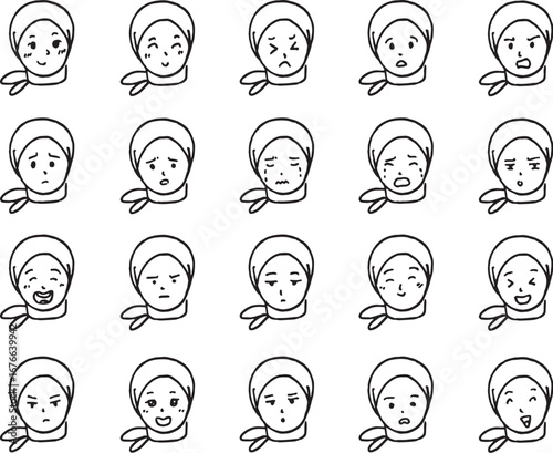 Set facial expressions girl woman in hijab vector outline cartoon chibi illustration art