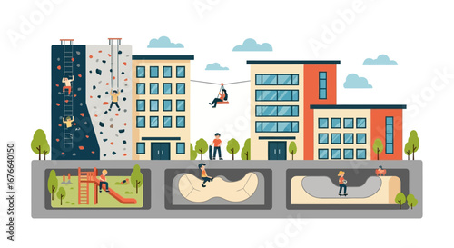 Urban Adventure Park Featuring Climbing, Ziplining, Skateboarding, and Playgrounds