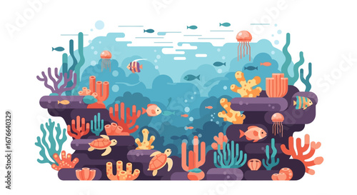 Vibrant coral reef ecosystem with diverse marine life and colorful coral formations