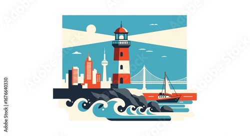 Wallpaper Mural Vibrant Coastal Cityscape with Lighthouse and Harbor Torontodigital.ca
