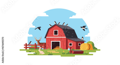 Vibrant Farm Scene with Red Barn, Deer, Birds, and Hay Bale