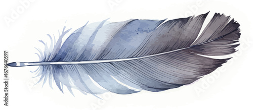 A watercolor painting of a single blue and gray feather on white background on transparent background