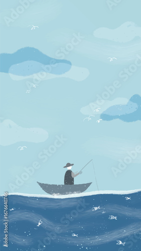 Fisherman at the blue sea crayon oil pastel art illustration