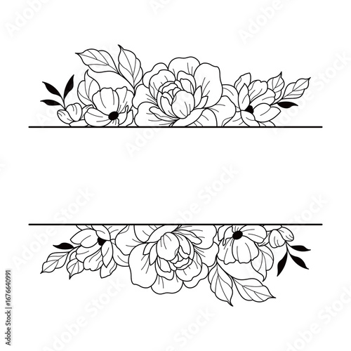 Decorative Floral Border Vector Design Images, Title Name Border flower Hand Draw Decoration, Name Border, leave Hand Draw. branch frame with black flowers. Hand drawn mono line floral background.
