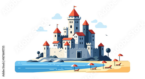 Whimsical Coastal Castle with Red Roofs and Beachside Relaxation Scene