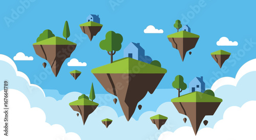 Whimsical Floating Islands with Houses and Trees in a Blue Sky