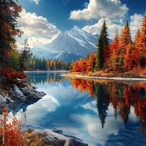 Vibrant fall colors in Banff with snow capped mountains and lake image
