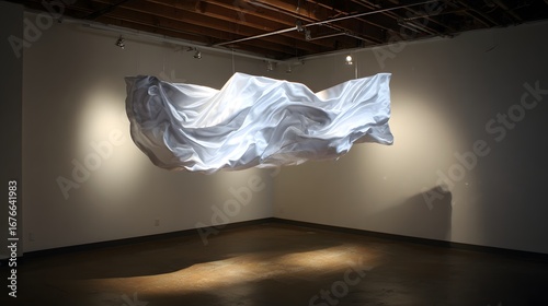 A large, flowing, white textile sculpture hangs suspended in a contemporary gallery space, highlighting dramatic folds and textures.