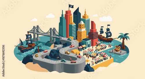 Whimsical Pirate Cityscape with Ships, Bridge, Road, and Market Scene.
