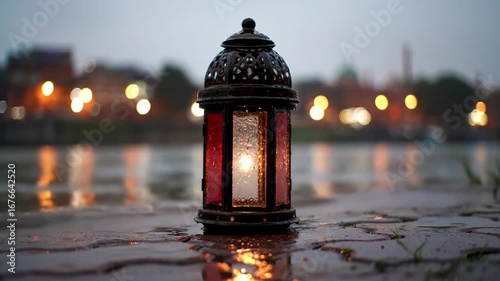 Lantern's Glow  A Rainy Evening's Serene Ambiance