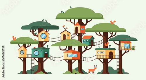 Whimsical treehouse village with birds, squirrels, and a deer in a flat design