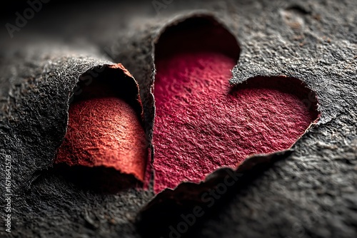 Red heart written love words placed on black stone floor.