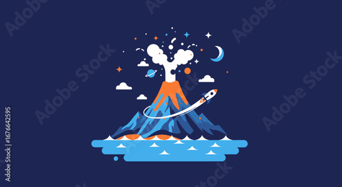 Whimsical Volcanic Eruption with Rocket and Celestial Elements in Night Sky