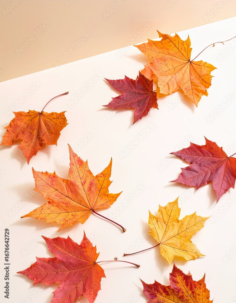Obraz premium Autumn Leaves Arrangement, Nature, Indoor Studio, Photography, Warm Colors, Close-Up, Seasonal Change