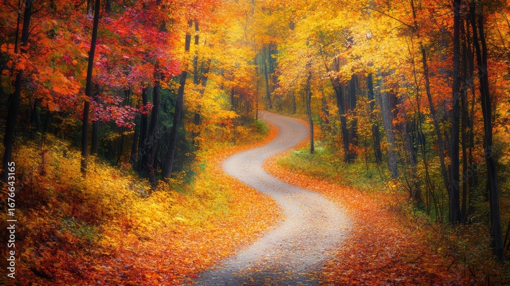 Fototapeta premium A winding path through a vibrant forest adorned with autumn leaves in shades of orange, red, and yellow, creating a picturesque and serene landscape.