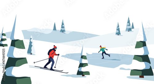 Winter Scene with Skier in Red and Skater in Teal on Snowy Landscape