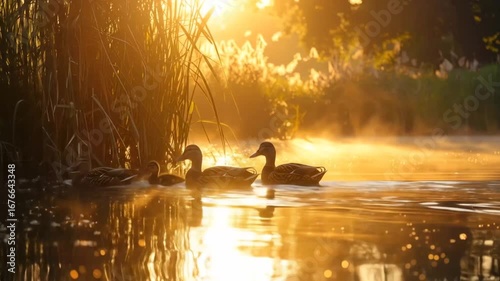 Ducks Swimming in Golden Light on Misty Lake