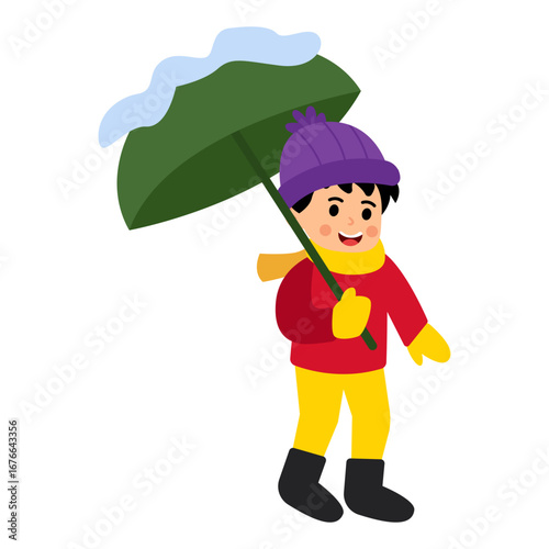Boy Kid Walking with Umbrella Snow