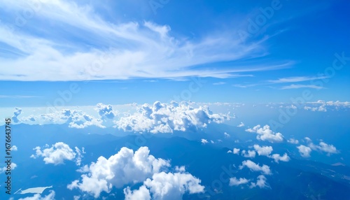 Aerial view of fluffy white clouds over a serene mountain landscape under a bright blue sky
