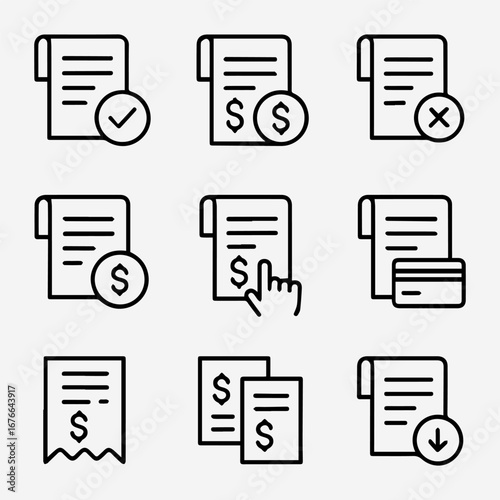 Collection of Financial Icons Depicting Invoices Payments and Transactions in Various States.