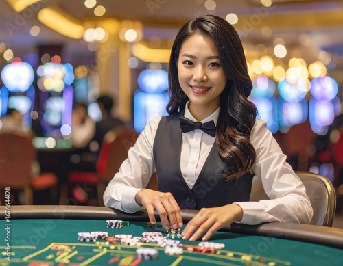 Croupier woman in casino playing with poker chips