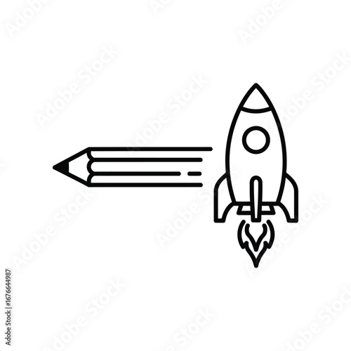 Creative Startup: A minimalist line art illustration portrays a dynamic concept of a rocket ship propelling forward from a pencil, representing rapid growth and innovation