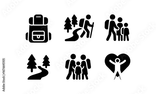 Silhouette icons of hiking, family adventure, and nature exploration