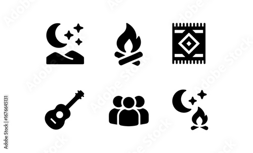 Campfire night icons with moon, stars, guitar, and tapestry in bold silhouette style