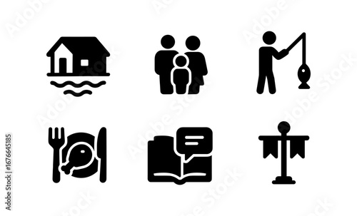 Simple icons representing house, family, fishing, meal, book, and signpost
