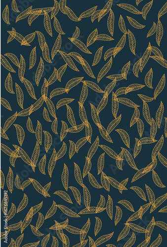 Seamless repeating pattern of stylized golden-tan leaves with dotted texture and decorative line markings on deep teal-blue background