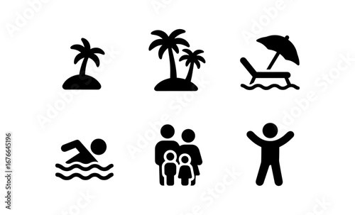 Beach and family icon set: simple black silhouette symbols