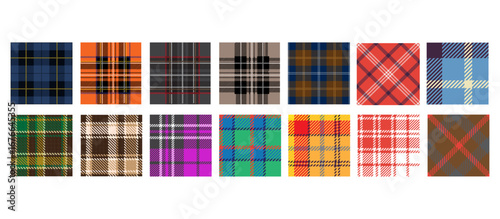 Horizontal arrangement of twelve square tartan patterns in various color combinations including orange, red, brown, gray, blue, green, and purple plaid designs