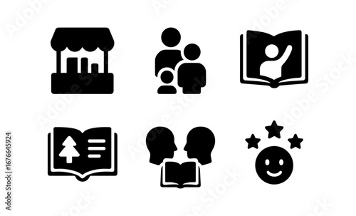 Simple solid icons of market, family, education, communication, and happiness
