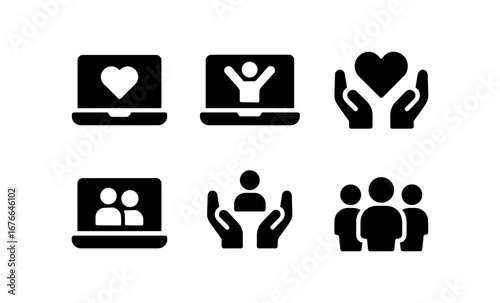 Silhouette icons: online connection and care symbols for digital communication